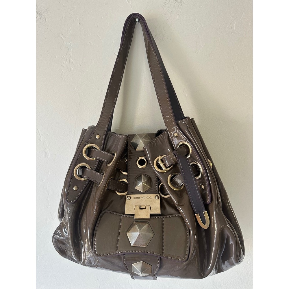 Jimmy Choo Ramona Shoulder Bag Taupe/Brown Patent Leather Made in Italy - Picture 2 of 15
